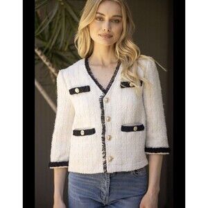 WN Women's L Voy Gold Button Tweed Jacket Blazer Cream Suit Coat W Fringe EUC